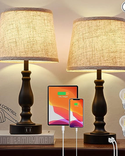 Table Lamps Set of 2, Bedside Nightstand Lamps with USB Charging Ports, 3 Way Dimmable Touch with Linen Fabric Lampshade, Modern Small Lamp for Bedrooms, Living Room (Bulbs Included) - LeafyLoom