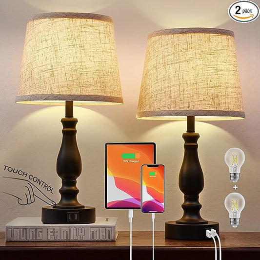 Table Lamps Set of 2, Bedside Nightstand Lamps with USB Charging Ports, 3 Way Dimmable Touch with Linen Fabric Lampshade, Modern Small Lamp for Bedrooms, Living Room (Bulbs Included) - LeafyLoom