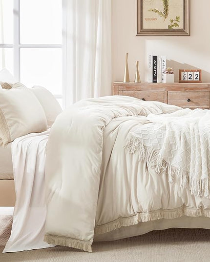 Andency Queen Comforter Set Beige, 3 Pieces Boho Lightweight Fluffy Bedding Comforters & Sets, Soft Tassel All Seasons Bed Set Gift Choice (90x90In Comforter & 2 Pillowcases) - LeafyLoom