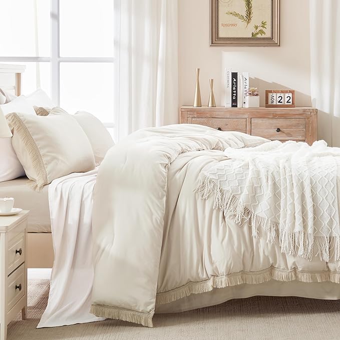 Andency Queen Comforter Set Beige, 3 Pieces Boho Lightweight Fluffy Bedding Comforters & Sets, Soft Tassel All Seasons Bed Set Gift Choice (90x90In Comforter & 2 Pillowcases) - LeafyLoom