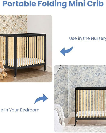 Delta Children Mia Portable Folding Mini Crib with 1.5-Inch Mattress - Greenguard Gold Certified, Ebony Black/Natural - LeafyLoom