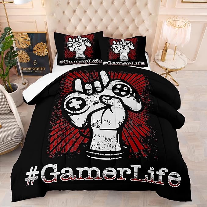 Teens Gamepad Comforter Set Modern Gamer Down Comforter Twin Size for Kids Boys Children Youth Video Game Bedding Set Gaming Duvet Insert for Bedroom - LeafyLoom