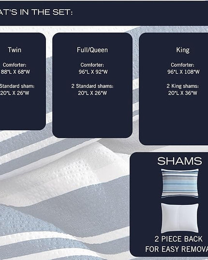 Nautica - King Comforter Set, Luxuriously Soft Seersucker Textured Bedding with Matching Shams, Wrinkle-Free Striped Home Decor (Bradlee Blue, King) - LeafyLoom