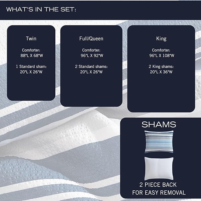 Nautica - Twin Comforter Set, Luxuriously Soft Seersucker Textured Bedding with Matching Sham, Wrinkle-Free Striped Home Decor, Dorm Room Essentials (Bradlee Blue, Twin) - LeafyLoom