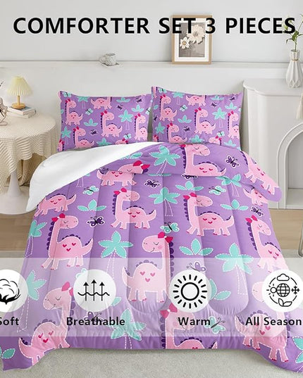 Axolotl Cute Dinosaur Comforter Set Queen Size,Girls Bedding Cartoon Dinosaur Bedding Set for Girls Teens Kids Boys Adults Room Decor,Kids Comforter Set All Season,1 Quilt 2 Pillow Cases,Purple - LeafyLoom