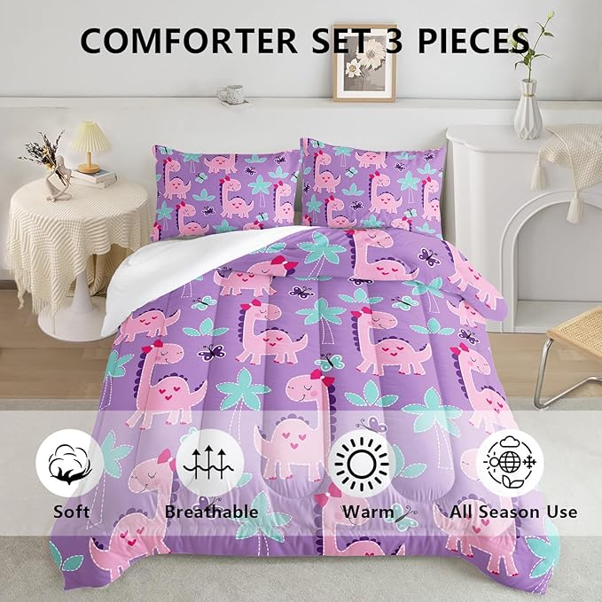 Axolotl Cute Dinosaur Comforter Set Queen Size,Girls Bedding Cartoon Dinosaur Bedding Set for Girls Teens Kids Boys Adults Room Decor,Kids Comforter Set All Season,1 Quilt 2 Pillow Cases,Purple - LeafyLoom