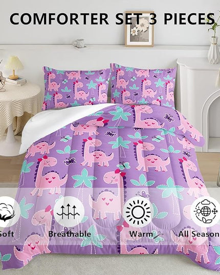 Axolotl Cute Dinosaur Comforter Set Full Size,Girls Bedding Cartoon Dinosaur Bedding Set for Girls Teens Kids Boys Adults Room Decor,Kids Comforter Set All Season,1 Quilt 2 Pillow Cases,Purple - LeafyLoom