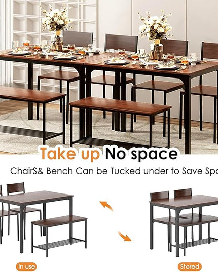 sogesfurniture Modern 4-Piece Kitchen Dining Table Set with 1 Bench and 2 Chairs, Kitchen Bench Table Set for 4, Wooden Kitchen Table and Chairs for Limited Space,Brown - LeafyLoom