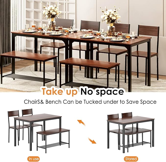 sogesfurniture Modern 4-Piece Kitchen Dining Table Set with 1 Bench and 2 Chairs, Kitchen Bench Table Set for 4, Wooden Kitchen Table and Chairs for Limited Space,Brown - LeafyLoom