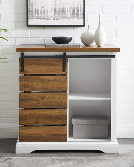 Walker Edison Willa Modern Farmhouse Sliding Single Slat Door Storage Console, 32 Inch, White and Rustic Oak - LeafyLoom