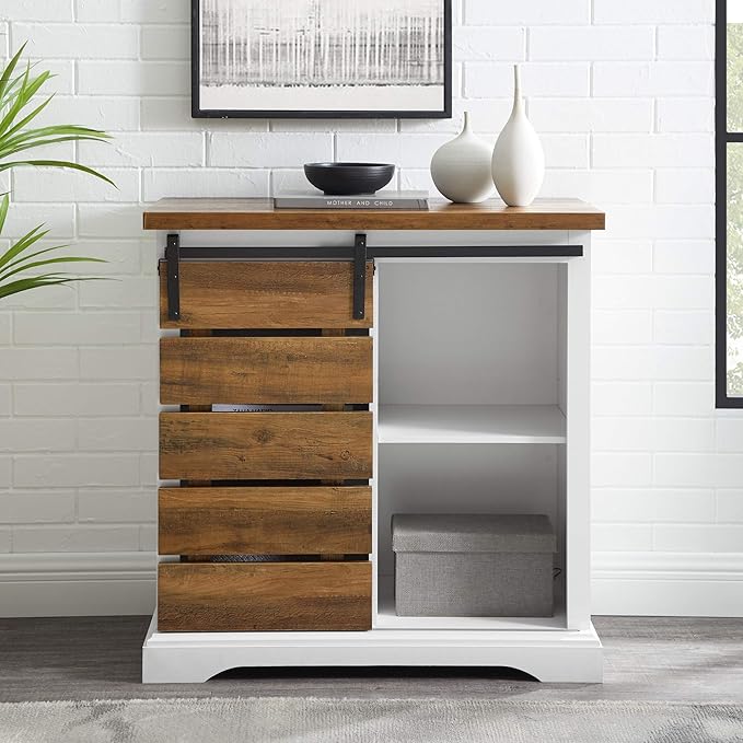 Walker Edison Willa Modern Farmhouse Sliding Single Slat Door Storage Console, 32 Inch, White and Rustic Oak - LeafyLoom
