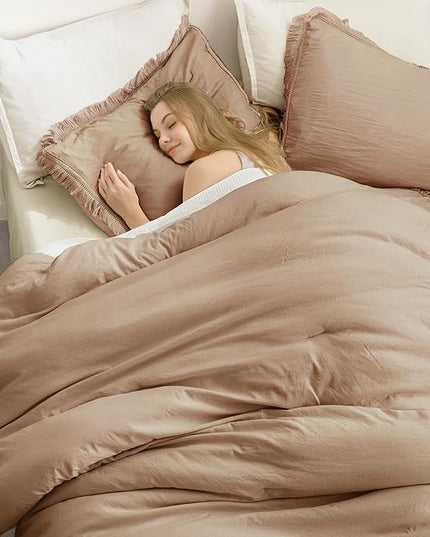 Andency Taupe Comforter Set Full Size, 3 Pieces Boho Tassel Lightweight Bedding Comforter Sets, Tan All Season Soft Fluffy Fringe Bed Set (79x90In Comforter & 2 Pillowcases) - LeafyLoom