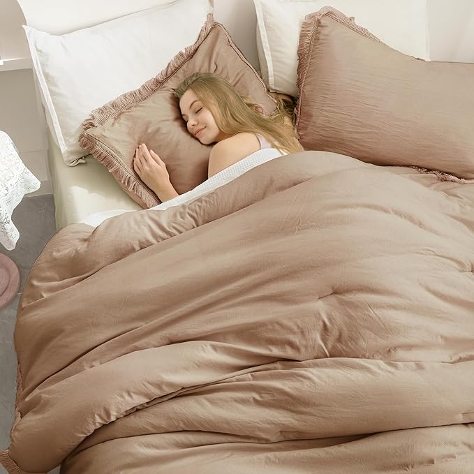 Andency Taupe Comforter Set Full Size, 3 Pieces Boho Tassel Lightweight Bedding Comforter Sets, Tan All Season Soft Fluffy Fringe Bed Set (79x90In Comforter & 2 Pillowcases) - LeafyLoom
