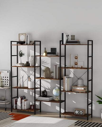 Panana Triple 4 tier bookshelf, Industrial Bookcase with 11 Open Display Shelves Wide Book Shelf Book Case with Metal Frame for Living Room Home Office (Brown) - LeafyLoom