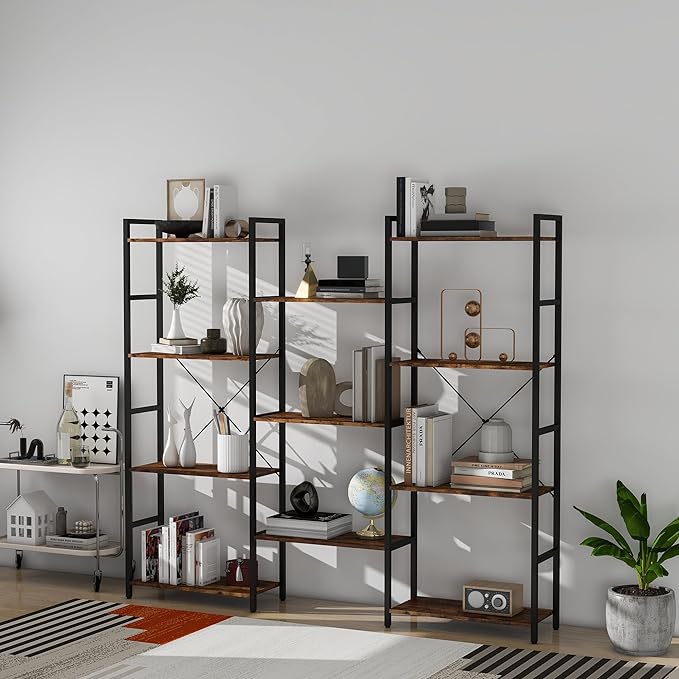 Panana Triple 4 tier bookshelf, Industrial Bookcase with 11 Open Display Shelves Wide Book Shelf Book Case with Metal Frame for Living Room Home Office (Brown) - LeafyLoom