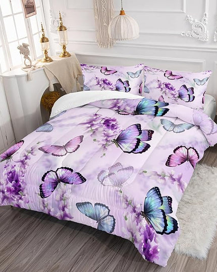 Purple Lavender Butterfly Comforter Set for Girl Kid Adult Colorful Butterfly Pattern Bedding Set Aesthetics Butterflies Quilt Bed Set Twin Size with 1 Comforter and 2 Pillowcases - LeafyLoom
