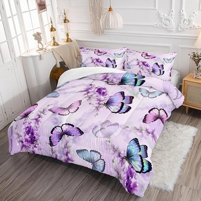 Purple Lavender Butterfly Comforter Set for Girl Kid Adult Colorful Butterfly Pattern Bedding Set Aesthetics Butterflies Quilt Bed Set Queen Size with 1 Comforter and 2 Pillowcases - LeafyLoom