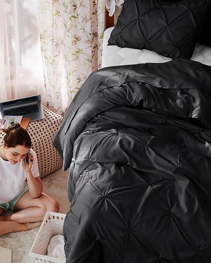 Bedsure Black Twin Comforter Set with Sheets - 5 Pieces Twin Bedding Sets, Pinch Pleat Twin Bed in a Bag with Comforter, Sheets, Pillowcase & Sham - LeafyLoom