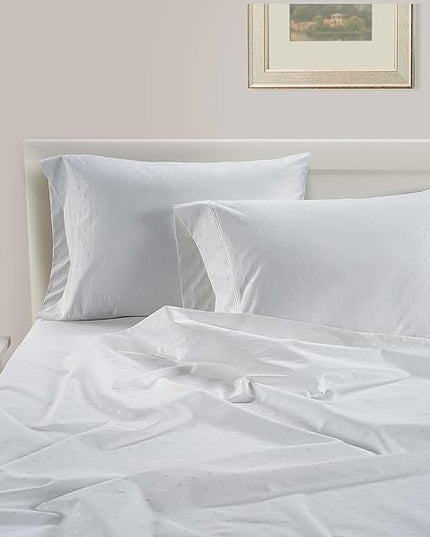 LANE LINEN 100% Egyptian Cotton Bed Sheets - 1000 Thread Count 4PC Calking Sheets Set, Long Staple Cotton Bedding Sheets, Luxury Hotel Sheets, Fits Upto 16" Mattress, Swiss Dot - White - LeafyLoom