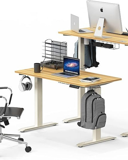 SHW Electric Height Adjustable Standing Desk with Hanging Hooks and Cable Management, 48 x 24 Inches, Oak - LeafyLoom