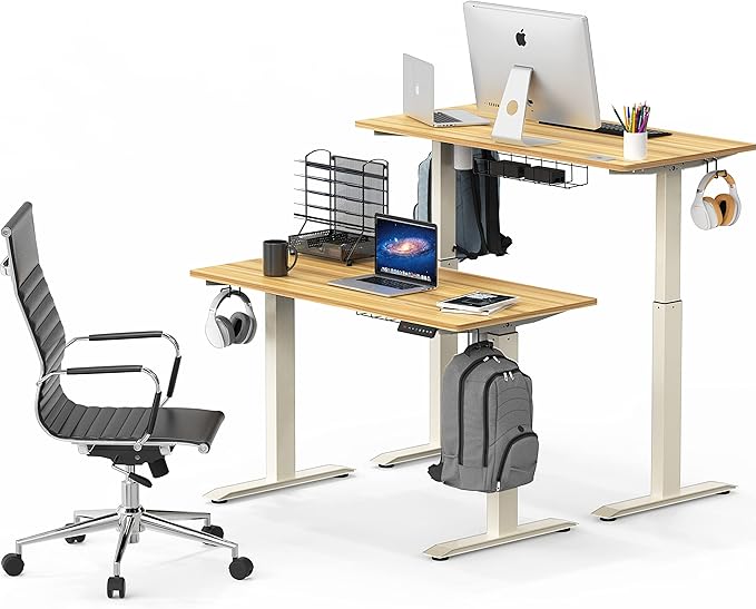 SHW Electric Height Adjustable Standing Desk with Hanging Hooks and Cable Management, 48 x 24 Inches, Oak - LeafyLoom