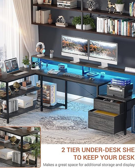 Aheaplus L Shaped Desk with File Drawer, 66" Reversible L Shaped Computer Desk with Power Outlet & LED Strip, Gaming Desk with Long Monitor Stand, Office Desk Corner Desk with Storage Shelf, Grey Oak - LeafyLoom