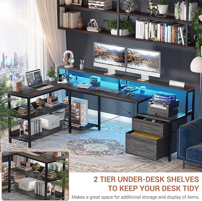 Aheaplus L Shaped Desk with File Drawer, 66" Reversible L Shaped Computer Desk with Power Outlet & LED Strip, Gaming Desk with Long Monitor Stand, Office Desk Corner Desk with Storage Shelf, Grey Oak - LeafyLoom