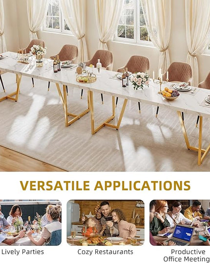 DWVO 82.6'' Large Modern Dining Table for 8-10 People, Rectangular White Kitchen Dining Room Table with Faux Marble Tabletop and Geometric Gold Metal Legs, Wood Dinner Tables for Family Gathering - LeafyLoom