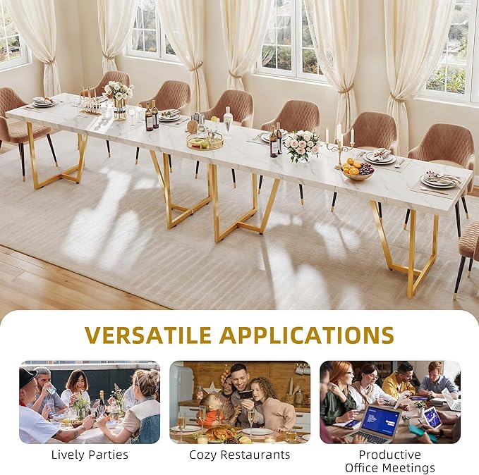 DWVO 82.6'' Large Modern Dining Table for 8-10 People, Rectangular White Kitchen Dining Room Table with Faux Marble Tabletop and Geometric Gold Metal Legs, Wood Dinner Tables for Family Gathering - LeafyLoom