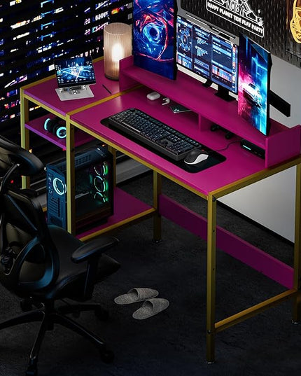 Computer Gaming Desk - 47" Home Office Desk with Storage, Writing Desk with Monitor Stand, Modern Simple Study Corner Table, Adjustable Storage Space, Pink - LeafyLoom