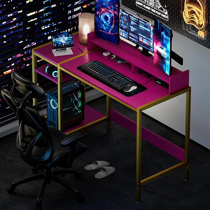 Computer Gaming Desk - 47" Home Office Desk with Storage, Writing Desk with Monitor Stand, Modern Simple Study Corner Table, Adjustable Storage Space, Pink - LeafyLoom