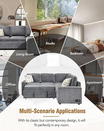 83“ L-Shape Sectional Sleeper Sofa with Pull out Bed, Linen Upholstered Convertible Couch w/ 3 Pillows, 2 Power Sockets &2 USB ports, for Living Room Apartment, 83 Inch, Dark Gray - LeafyLoom