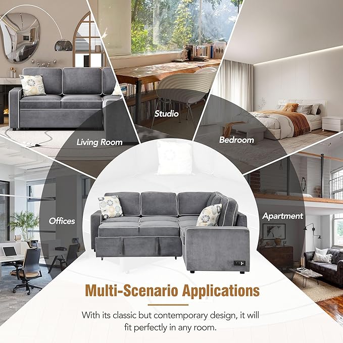 83“ L-Shape Sectional Sleeper Sofa with Pull out Bed, Linen Upholstered Convertible Couch w/ 3 Pillows, 2 Power Sockets &2 USB ports, for Living Room Apartment, 83 Inch, Dark Gray - LeafyLoom