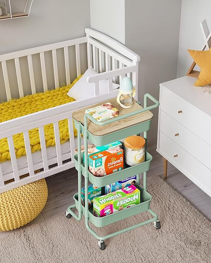 DTK 3 Tier Utility Rolling Cart with Cover Board, Rolling Storage Cart, H&le & Locking Wheels Kitchen Cart with 2 Small Baskets & 4 Hooks for Bathroom Office Balcony Living Room(Turquoise)Large - LeafyLoom