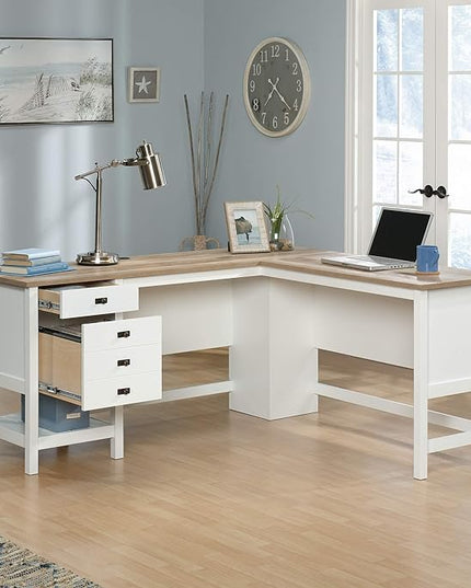 Sauder Cottage Road L-Desk, L: 65.12" x W: 58.66" x H: 29.76", Soft White Finish - LeafyLoom