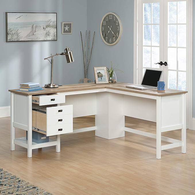 Sauder Cottage Road L-Desk, L: 65.12" x W: 58.66" x H: 29.76", Soft White Finish - LeafyLoom