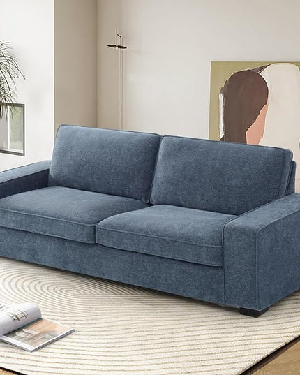 EASELAND Sofa Couch, 88" Chenille Loveseat for Living Room, 3 Seater Lounge Sofa for Bedroom with Removable Back and Seat Cushions, Modern Deep Seat Comfy Couch with Solid Wood Legs and Armrest (Blue) - LeafyLoom