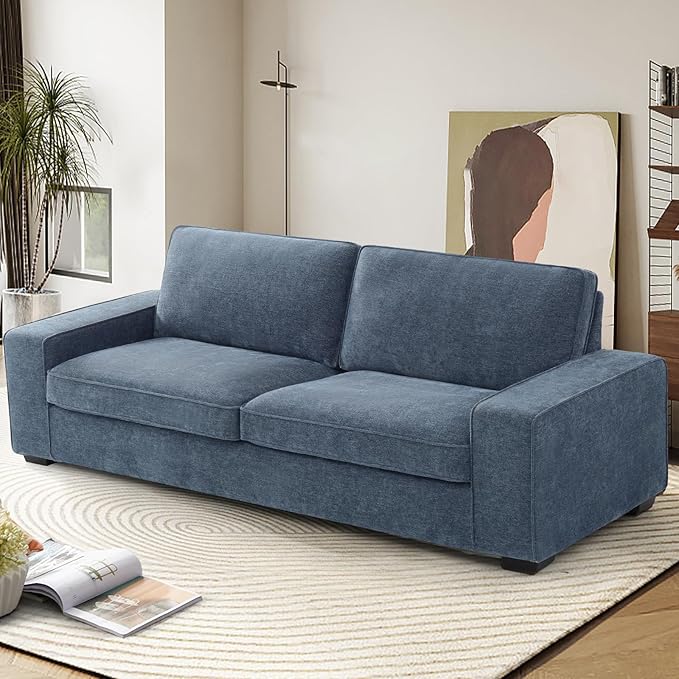 EASELAND Sofa Couch, 88" Chenille Loveseat for Living Room, 3 Seater Lounge Sofa for Bedroom with Removable Back and Seat Cushions, Modern Deep Seat Comfy Couch with Solid Wood Legs and Armrest (Blue) - LeafyLoom