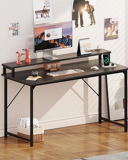 SUPERJARE 55 inch Computer Desk with LED Lights & Power Outlets, Gaming Desk with Monitor Shelf, Small Office Desk for Home & Office, Black - LeafyLoom