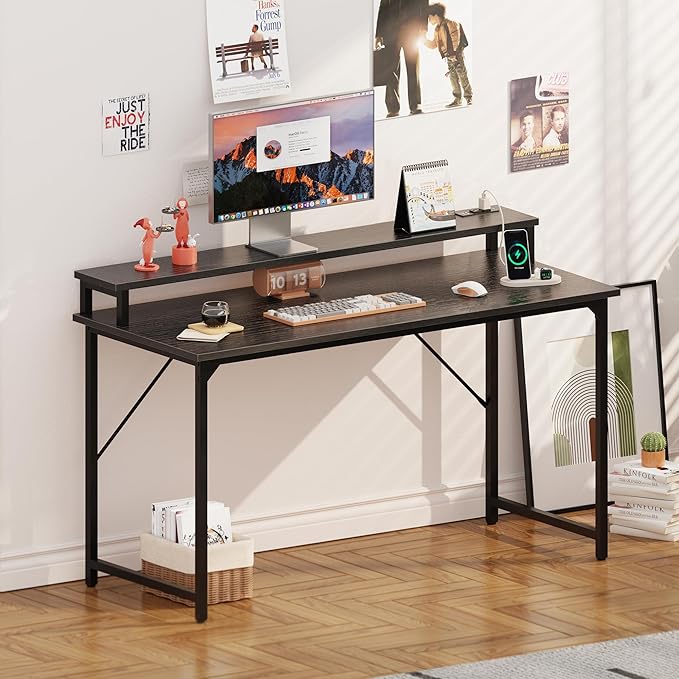 SUPERJARE 55 inch Computer Desk with LED Lights & Power Outlets, Gaming Desk with Monitor Shelf, Small Office Desk for Home & Office, Black - LeafyLoom