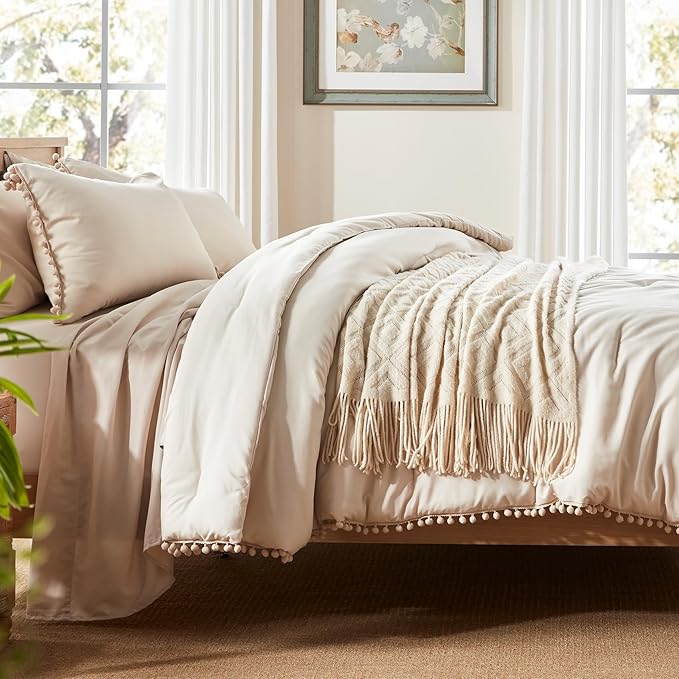 Anluoer Queen Comforter Set 7 Piece, Beige Bed in a Bag with Sheets, Pom Pom Boho Bedding Comforter Sets with 1 Comforter, 2 Pillow Shams, 2 Pillowcases, 1 Flat Sheet, 1 Fitted Sheet - LeafyLoom