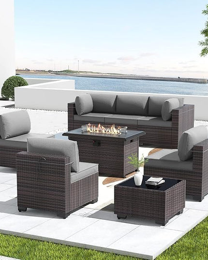 Kullavik 8 Pieces Outdoor Patio Furniture Set with 43" Gas Propane Fire Pit Table PE Wicker Rattan Sectional Sofa Patio Conversation Sets,Grey - LeafyLoom