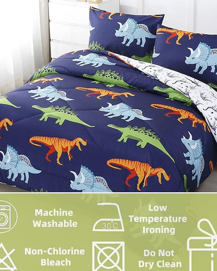 RYNGHIPY Cartoon Dinosaur Comforter Set, Dark Blue Dinosaur Kids Bedding Set for Boys, Dinosaurs Print Comforter Sets for Kids/Toddlers/Teens (Dinosaur,Twin) - LeafyLoom