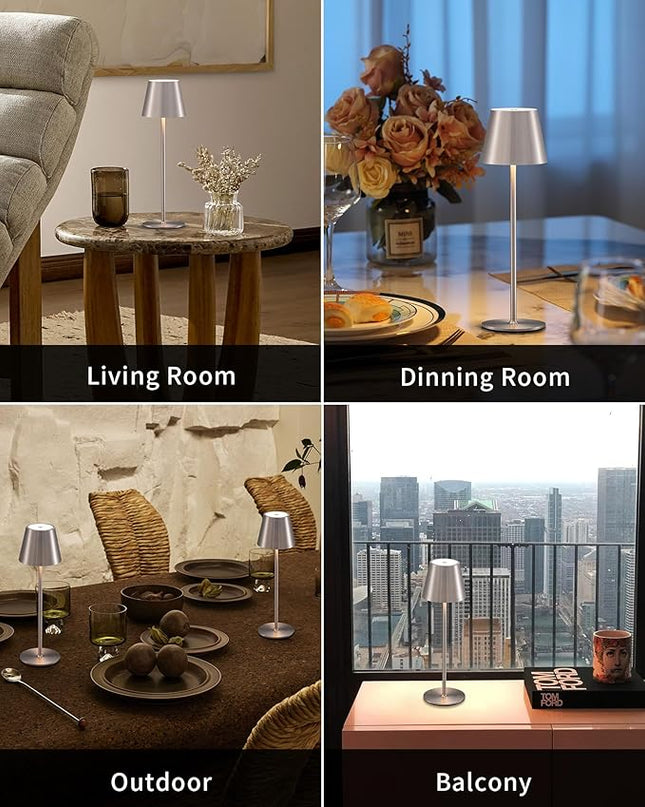 Cordless Rechargeable Table Lamp Set of 2, 5000mAh Battery Powered LED Desk Lamps, 3 Color Stepless Dimming Up, Portable Table Light Lamp for Bedroom Restaurant Outdoor (Brushed Nickel) - LeafyLoom