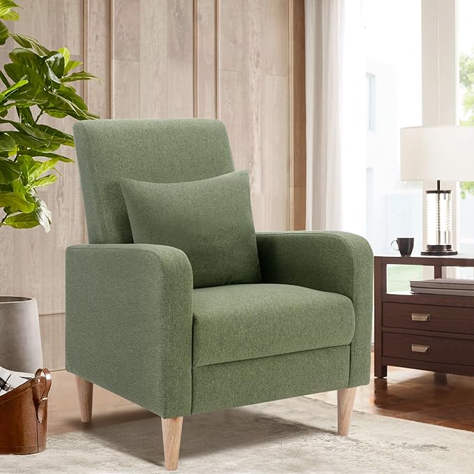 COLAMY Modern Upholstered Accent Chair Armchair with Pillow, Fabric Reading Living Room Side Chair,Single Sofa with Lounge Seat and Wood Legs, Green - LeafyLoom
