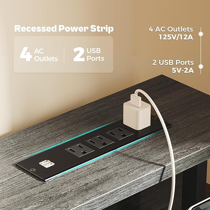 47 inch Computer Desk with 3 Drawers, Office Desk Gaming Desk with LED Lights & Power Outlets, Home Office Desks with Storage Space for Bedroom, Work from Home, Gray - LeafyLoom