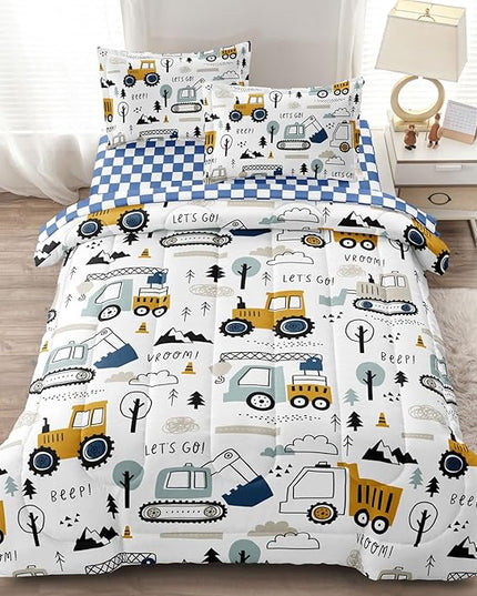 5-Pcs Construction Full Size Boys Bedding Set, Kids Comforter Set for Teens w/Sheets and Pillowcase, Soft Cartoon Tractor Cars Bed in a Bag Sets - LeafyLoom