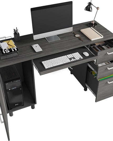 Modern Design By Crafts & comfort Venice Computer Desk - Office Desk with 3 Drawers & CPU Storage Cabinet - Laptop Workstation with Keyboard Tray & Cable Hole - Home & Office Supplies -Slate/Black - LeafyLoom