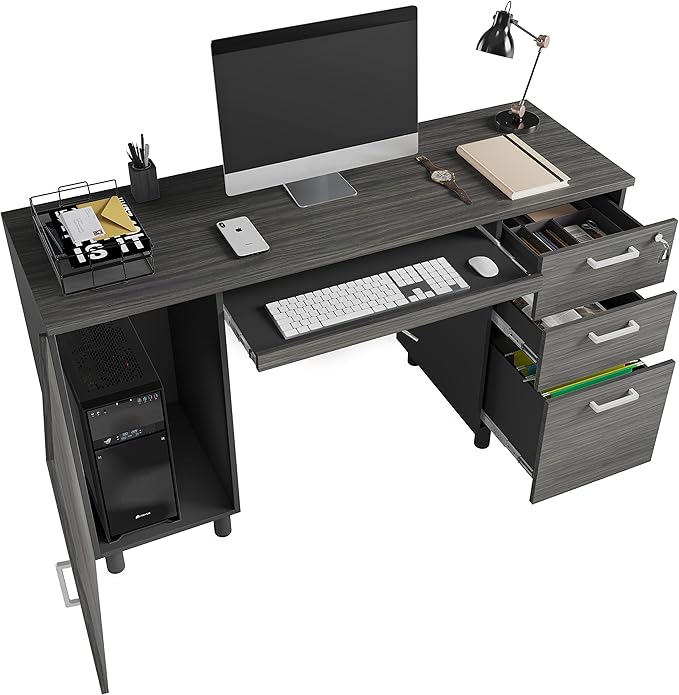 Modern Design By Crafts & comfort Venice Computer Desk - Office Desk with 3 Drawers & CPU Storage Cabinet - Laptop Workstation with Keyboard Tray & Cable Hole - Home & Office Supplies -Slate/Black - LeafyLoom