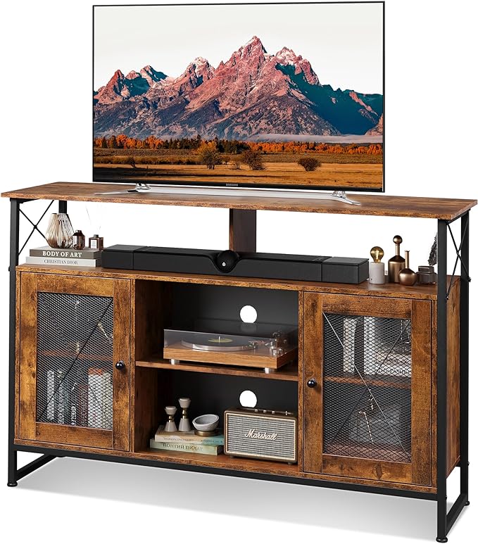 WLIVE TV Stand 55 inch TV,Tall Entertainment Center with Storage, Farmhouse Industrial TV Console for Bedroom Living Room, Rustic Brown - LeafyLoom